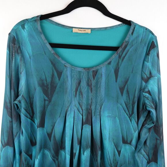 Timeson Tunic Blouse Womens Large Teal Turquoise Peacock Feathers Leaves Lined - Picture 15 of 15